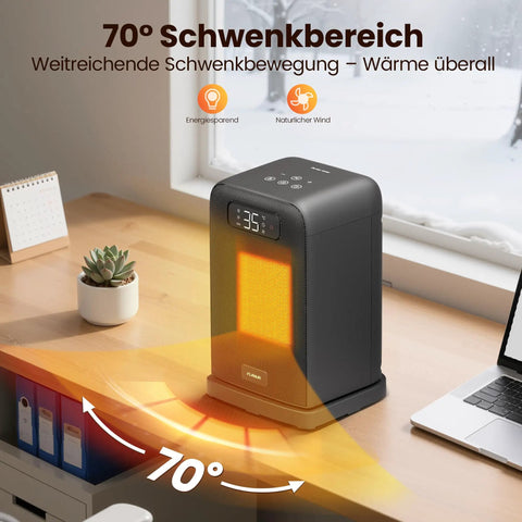 2 In 1 Indoor Space Heater With Remote on desk, showing 70 degree oscillation and LED display, 1500W desk heater for office use