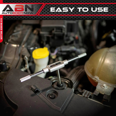 Close-up of Beast 110 Piece Metric Tap And Die Set tool in use for threading bolts in engine area for quick repairs.