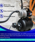 Shallow Well Garden Pump 115V Stainless Steel Jet Pump With 1.6 HP Motor, 1320 GPH Capacity, pressure tank shown