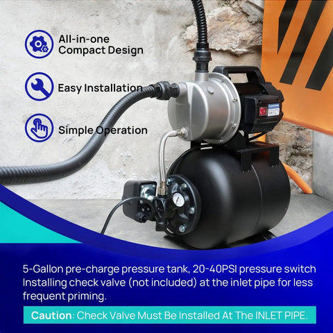 Shallow Well Garden Pump 115V Stainless Steel Jet Pump With 1.6 HP Motor, 1320 GPH Capacity, pressure tank shown