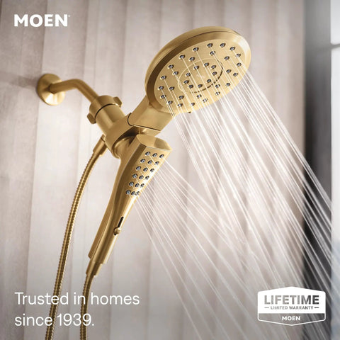 Slick Brushed Gold Shower Head And Handheld Combo With Eight Custom Spray Modes Magnetic Quick Connect Dock Heavy Duty Seventy Two Inch Hose For Hassle Free Daily Refresh Routine
