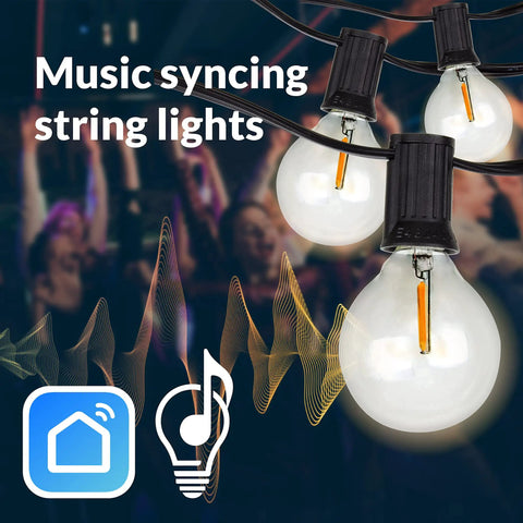 Music synced 48Ft 15-Socket LED Outdoor String Lights With Remote Control Alexa Compatible And Smart Life App Dimmable With Timers S14 E26