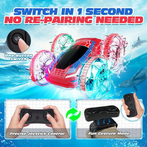 Amphibious RC Car Boat With 4WD Gesture Control And Magnetic Charging 60 Minute Playtime LED Lights Waterproof Pool Toy