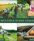 Solar Ultrasonic Outdoor Animal Deterrent Pack With Motion Sensor And Flash Light Keeps Deer Rabbits Squirrels Raccoons And Chipmunks Out Of Your Yard Humane Pest Repellent For Gardens And Lawns Keeps Pests At Bay. Solar green ABS stake in farm, garden, orchard, and camping scenes