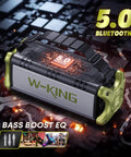 Portable Bluetooth Speaker With 90W Max Output, Beast Bass Dual Subwoofers, shown with digital EQ and Bluetooth 5.0 display.