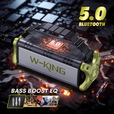 Portable Bluetooth Speaker With 90W Max Output, Beast Bass Dual Subwoofers, shown with digital EQ and Bluetooth 5.0 display.