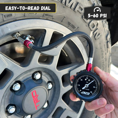 Tire Pressure Gauge With Lightning Chuck Battery Free High Accuracy ANSI B40 1 Certified Reads Up To 60 PSI Instant Lock Valve Stem For Fast On The Go Tire Checks, black hose on wheel