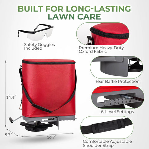 25 Lb Handheld Seed Spreader With Enclosed Metal Gears, Rear Baffle, Adjustable Flow Control, Durable Oxford Bag, Red, Easy Grip
