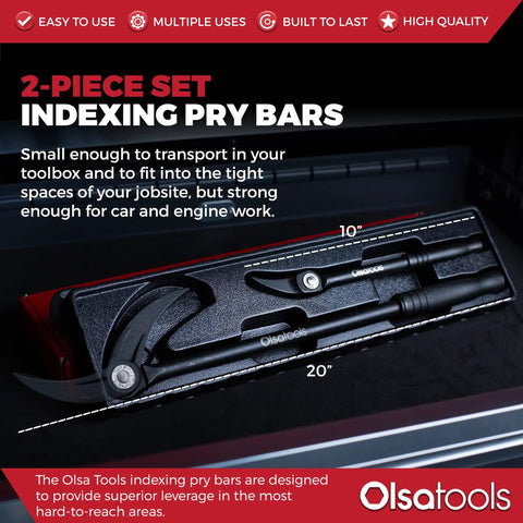 Beefy Heavy Duty 10 Inch And 20 Inch Indexing Pry Bar Set For Mechanics in box, showing size, indexable feature, durable steel