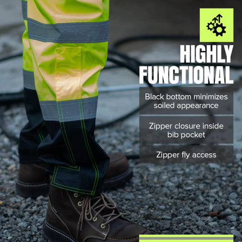 Hi Vis Ripstop Waterproof Bib Pants For Men with reflective safety overalls, black bottom, and 300D PU coated construction.
