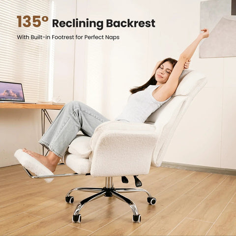 Big And Tall Office Chair With Flip Armrests For Pets And Cross Legged Sitting Boss Level Ergonomic Computer Gaming Chair With Foot Rest Teddy Fleece Wide Seat Reclining Desk Chair For Home Office in reclining position with footrest."}