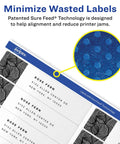 Super Smooth Easy Peel Printable Address Labels For Laser Printers showing Sure Feed Technology to prevent jams and ensure alignment.