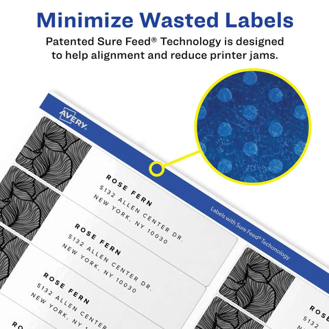 Super Smooth Easy Peel Printable Address Labels For Laser Printers showing Sure Feed Technology to prevent jams and ensure alignment.