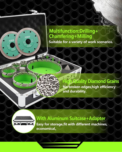 Tile Hole Saw Kit 14 Piece Diamond Core Drill Bit Set For Porcelain Ceramic Marble Brick Granite With Finger Bit Chamfer Bit And Five Eighth Inch Eleven Thread Adapters Plus Two Diamond Blades Pro Grade in aluminum suitcase.