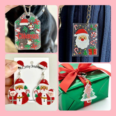 Christmas-themed keychains and earrings made from 25 Piece Frosted Shrink Plastic Sheets Set For DIY Shrink Art And Handicrafts
