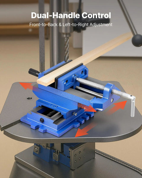 Cross Slide Drill Press Vise 4 Inch Jaw, 2 Axis X Y Bench Vise on workbench showing dual-handle control and adjustment arrows