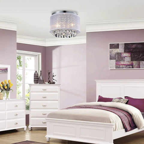 Chic Net Yarn Drum Chandelier Three Light White Crystal Ceiling Fixture For Bedroom Easy Five Minute Mount Dimmable With Dimmer Switch Cleanable Crystal Strings Modern Minimalist Pendant Light in bedroom setting.