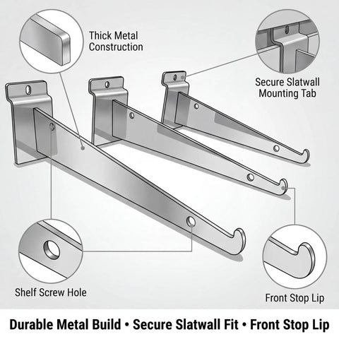 Illustration of 12 Pack Slatwall Hooks 12 Inch Silver Metal Brackets with secure mounting and screw holes for displays