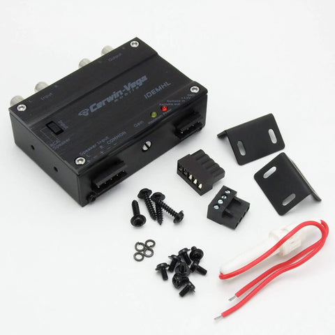 Two Channel Car Audio Line Output Converter With Durable RCA Panel Mount shown with accessories and installation parts