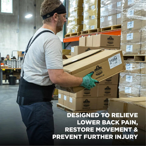 Worker wearing ProFlex 1600 Back Support Brace 9 Inch Extra Firm Support With High Cut Front For Mobility XL Black Adjustable Suspenders