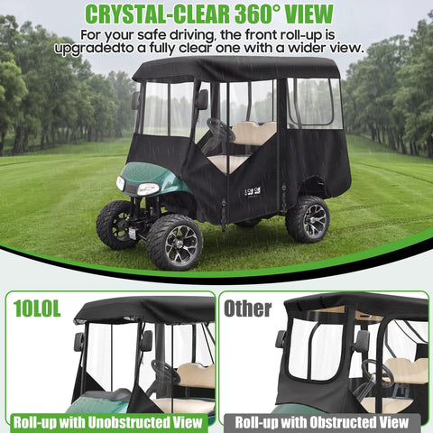 Top Shelf Golf Cart Enclosure For Ezgo Rxv Four Passenger Eighty Inch Extended Roof showcasing 360° clear view and roll-up feature.