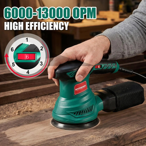Using 5 Inch Random Orbital Sander With 13000 RPM Power, 6 Variable Speeds on wood surface in workshop, efficient dust bag visible