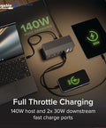 Built Different Thunderbolt 5 Docking Station, 16-In-One Powerhouse with 140W host charging and two 30W ports. Laptop and devices connected.
