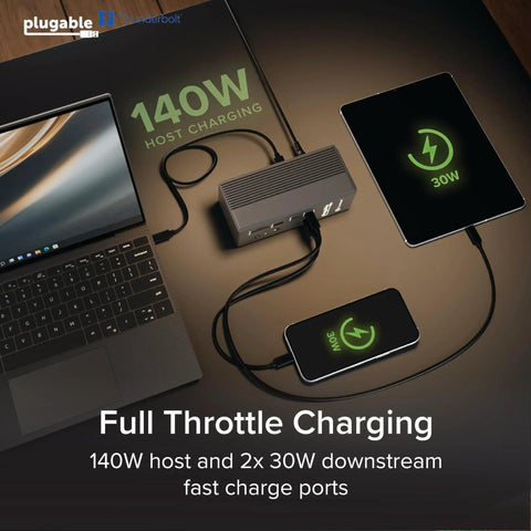 Built Different Thunderbolt 5 Docking Station, 16-In-One Powerhouse with 140W host charging and two 30W ports. Laptop and devices connected.