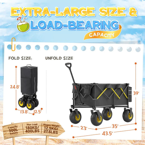 Heavy-Duty Beach Wagon With Big All-Terrain Wheels for Sand, 400 lb load, foldable design showing fold and unfold size.