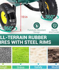 Heavy Duty Steel Garden Cart With 550 Pound Capacity showing 10 inch all-terrain rubber wheels with puncture-resistant design.