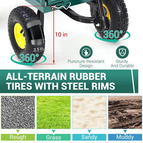 Heavy Duty Steel Garden Cart With 550 Pound Capacity showing 10 inch all-terrain rubber wheels with puncture-resistant design.