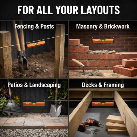Pro Grade Aluminum String Line Level For Masonry And Fence Jobs used for fencing, landscaping, and masonry work in various layouts.