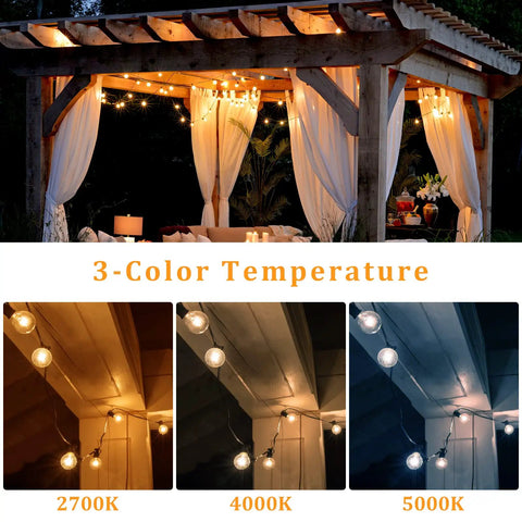Solar String Lights Outdoor 100ft G40 Globe Bulbs Waterproof Dimmable LED With Remote Solar Powered for patio, showing 3 color temperatures.
