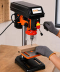 8 Inch Benchtop Drill Press With Variable Speed Motor Up To 3100 Rpm, adjustable worktable, drilling into wood, precision use, 400W induction motor.