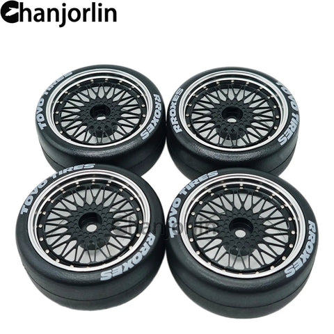RC Drift Tires With Aluminum Wheels 2.56 Inch OD 12mm Hex Hard Drift Tires for 1/10 and 1/12 cars, set of 4, top view.