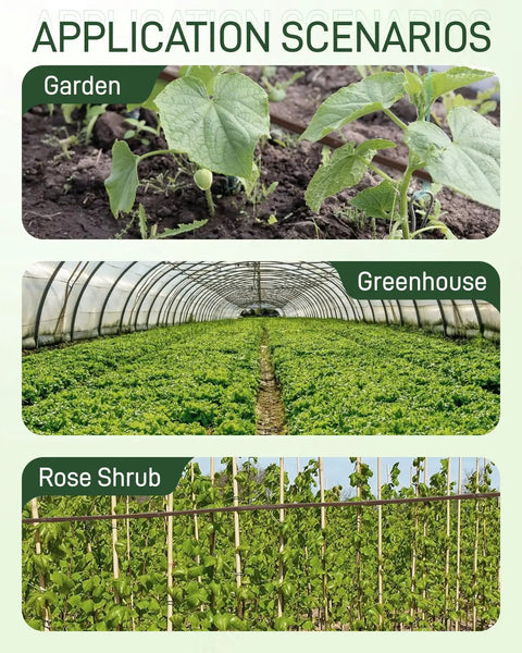 Three images showing applications of irrigation: garden bed with plants, greenhouse with crops, and rose shrub plants.
