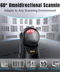 Hands Free Omnidirectional Barcode Scanner Desk Side 2D QR USB Wired Plug And Play Bar Code Reader For POS Retail Supermarket And Mobile Payments Go To Gear Model 9700 shown with 360-degree scanning capability.