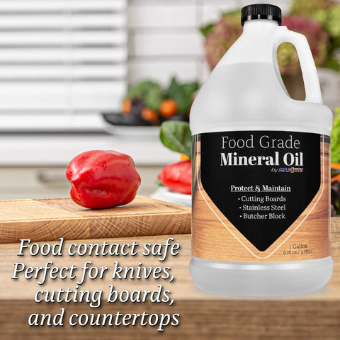 Top Notch Ultrapure Mineral Oil For Cutting Boards And All Wood Care 1 Gallon Fragrance Free Food Grade bottle on kitchen counter