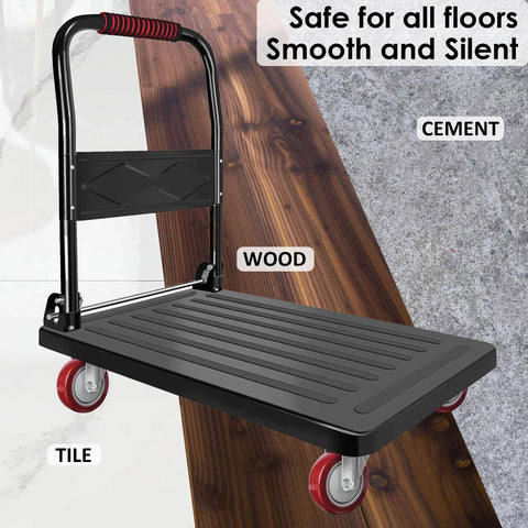 Heavy duty swivel caster set showcasing smooth silent wheels on tile, wood, and cement surfaces with a platform for easy mobility.