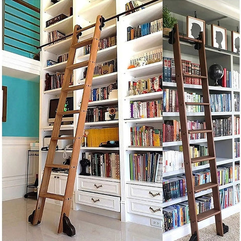 Rustic Black Sliding Library Ladder Hardware Kit With Track System And Brake Wheels No Ladder Included.