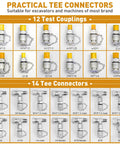 Hydraulic test fittings kit with 12 test couplings and 14 tee connectors; chrome metal with yellow caps.