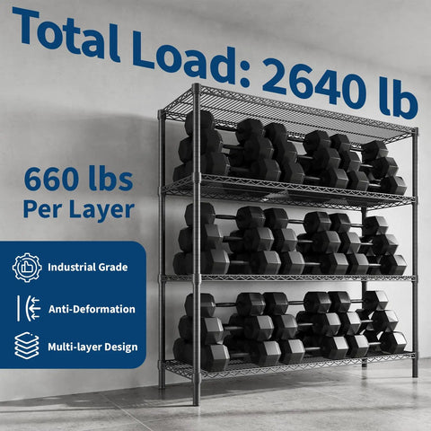 Metal 4 Tier Shelving Unit For Garage And Home Storage with dumbbells, open sides, heavy duty steel rack for tools.