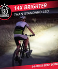 Cyclist on trail at night with front and rear bike light set illuminating path, 130 lumen front light visible.