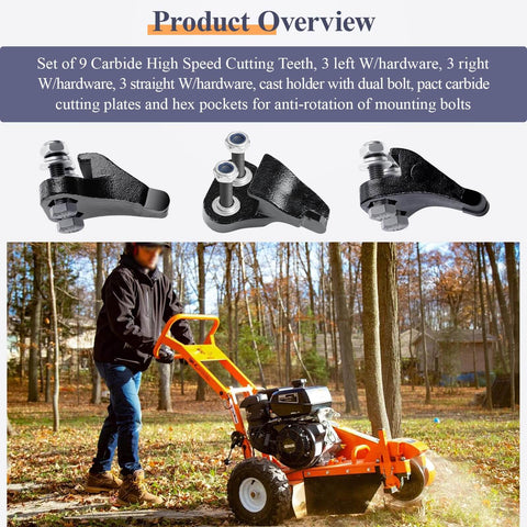 Nine Carbide High Speed Cutting Teeth Set For Stump Grinders With Hardware Three Left Three Right Three Straight Cast Holder Dual Bolt Pro Grade Carbide Plates And Hex Anti Rotation Pockets Compatible With OPG777 Models displayed, with grinder in use.