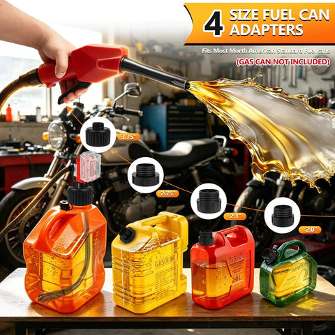 Four fuel can adapters with sizes shown in garage setting for Cordless Fuel Transfer Pump 5 GPM With Auto Stop And Hand Nozzle.