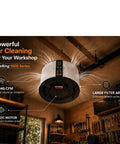 Rock Solid 1040 CFM Shop Air Filtration System With Ring Intake And BLDC Motor mounted in workshop, showcasing large filter and airflow.