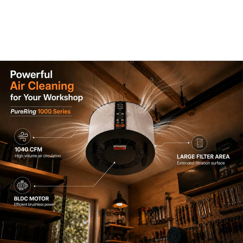 Rock Solid 1040 CFM Shop Air Filtration System With Ring Intake And BLDC Motor mounted in workshop, showcasing large filter and airflow.