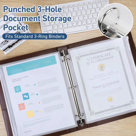 Open 3-ring binder with 36 Pack Letter Size Binder Pockets With Zipper Pouch Waterproof PVC Pro Grade Document Organizer, holding documents