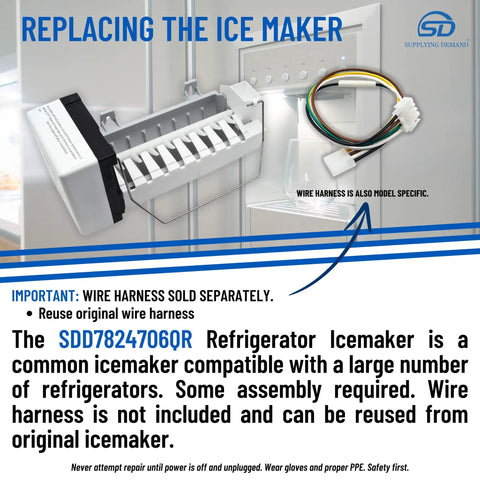 Model Specific Refrigerator Ice Maker Replacement Plug And Play For D7824706Q 10549201 10563707 shown with label and wire harness.