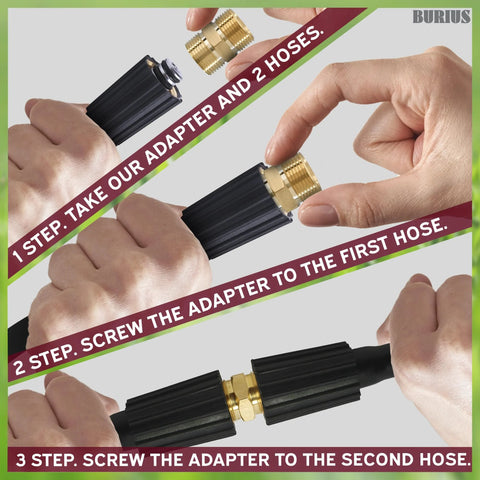 Pressure washer hose connector adapter with brass fittings and black plastic quick-connect couplers for two hoses